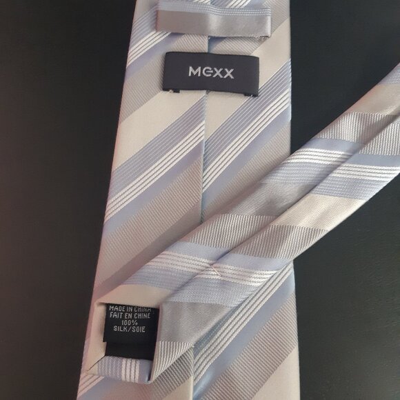 Mexx Silk Men's Diagonal Striped Necktie, Blue, Tan, Grey & White - Picture 3 of 7